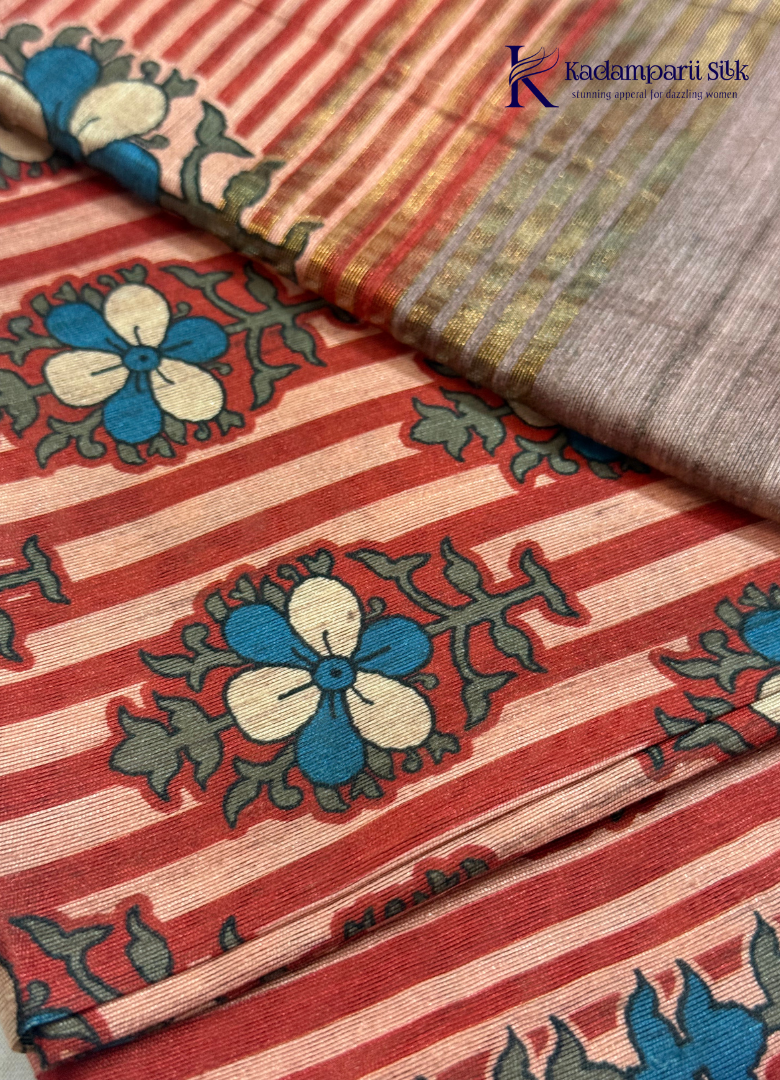 Dusky Pink & Muted Rose Striped Floral Kalamkari Saree