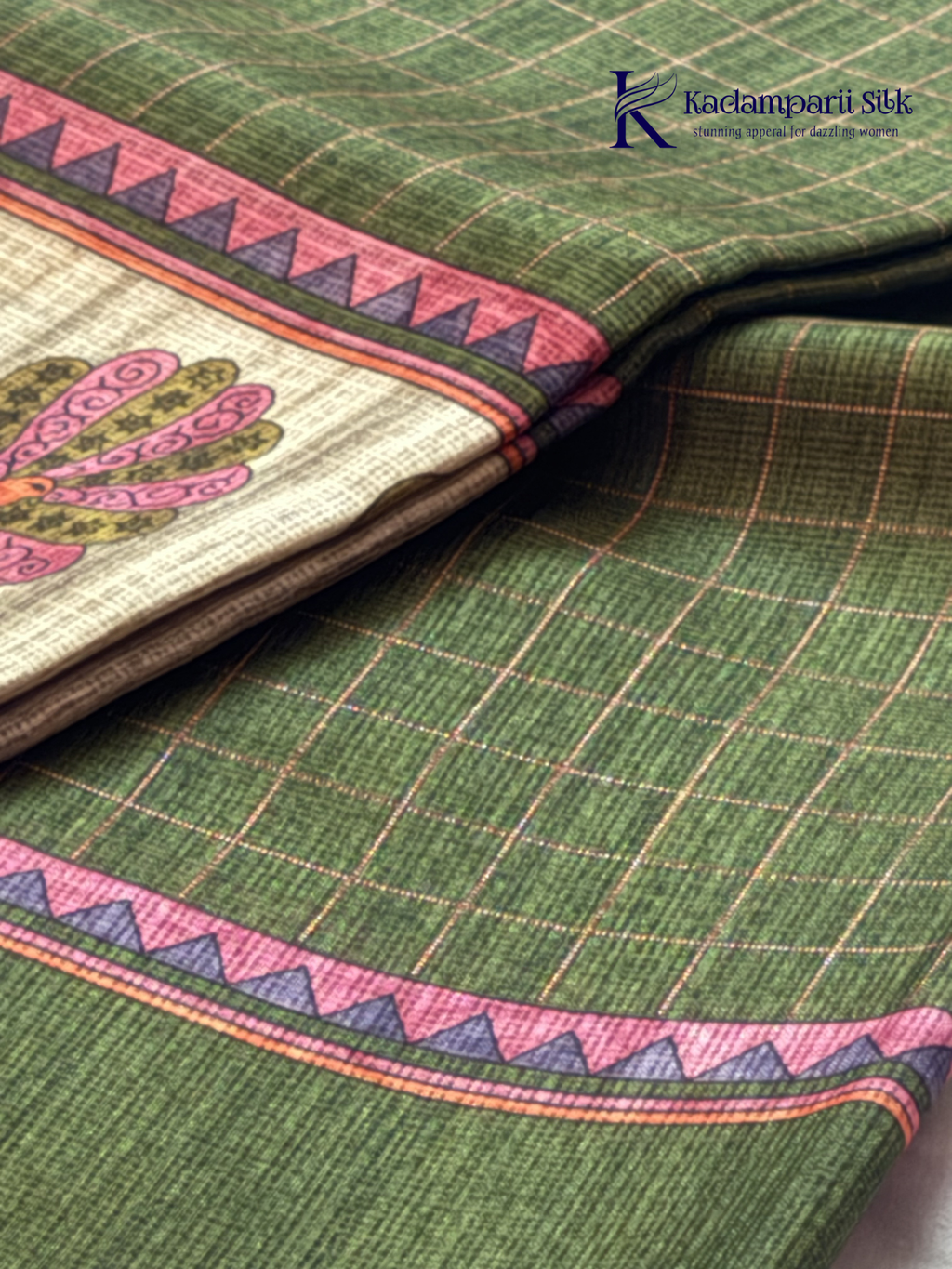 Olive green semi kota saree with checked pattern and artistic printed border by Kadamparii Silk.