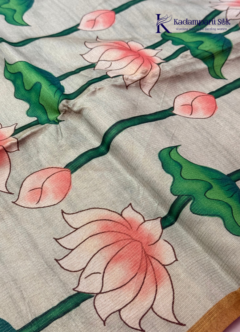 Semi Tussar Silk Saree with Lotus Floral Print and Plain Purple Pallu