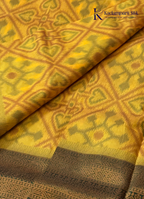 Kadamparii Silk mustard semi soft silk saree with Pochampally design and contrast woven border, displayed on a white background.