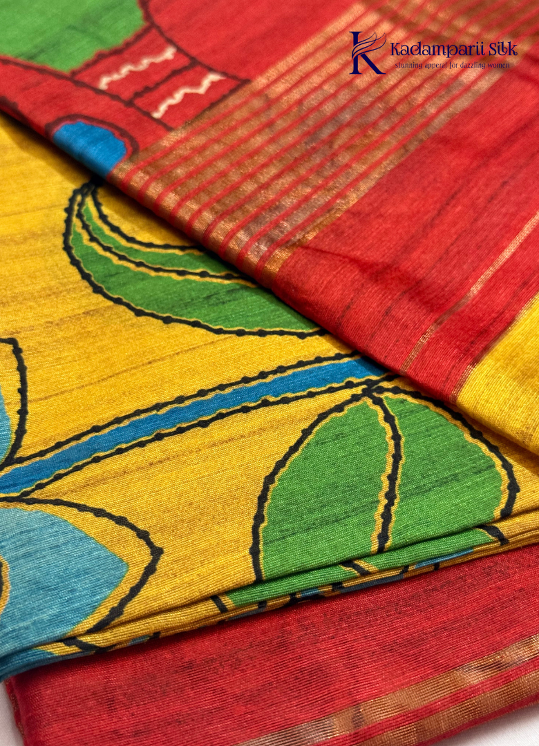 Mustard & Crimson Red Madhubani Lotus Saree