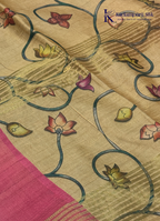 Brown & Pink Soft Tussar Silk Saree with Lotus Butta & Contrast Border