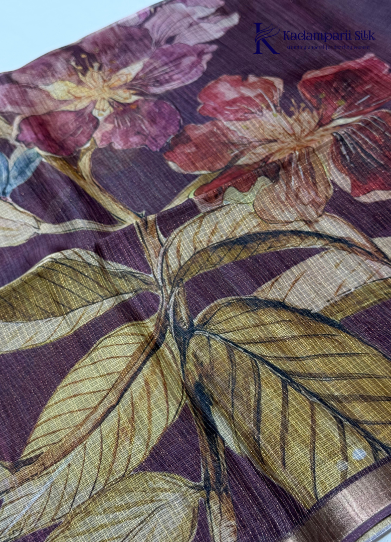 Midnight Bloom Deep Plum & Magenta Hibiscus Digital Floral Silk Saree