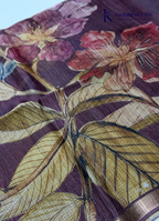 Midnight Bloom Deep Plum & Magenta Hibiscus Digital Floral Silk Saree