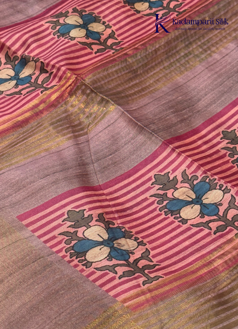 Soft Tussar Silk Saree with Floral Print & Striped Designer Body