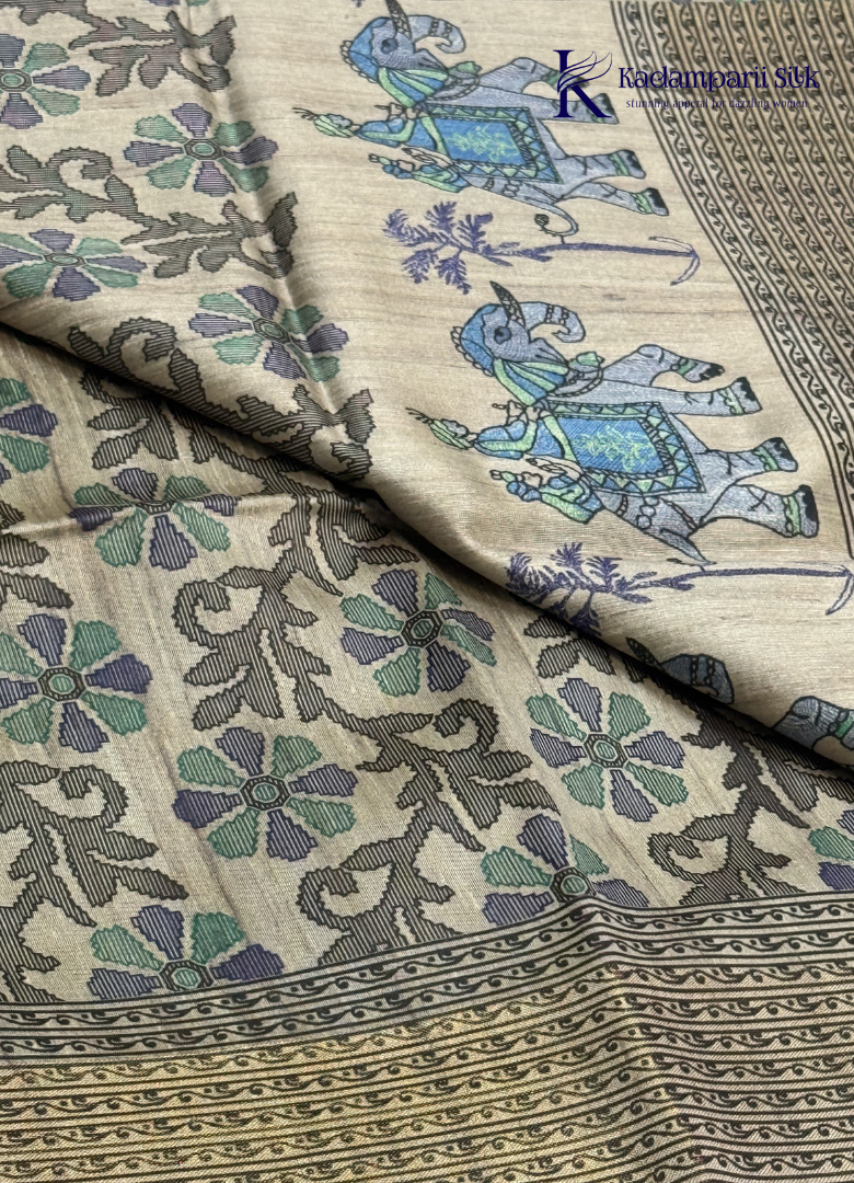 Soft Tussar Silk Saree with Royal Elephant Print Pallu & Floral Woven Body