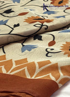 Cream Floral Vine Fancy Saree with Contrast Rust Border