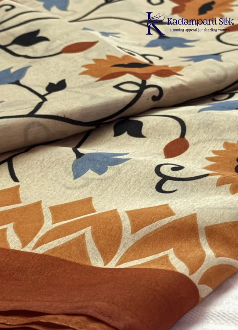Cream Floral Vine Fancy Saree with Contrast Rust Border