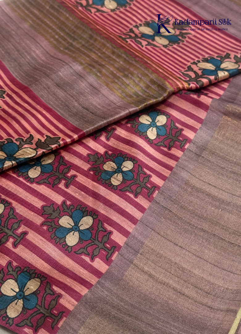 Soft Tussar Silk Saree with Floral Print & Striped Designer Body