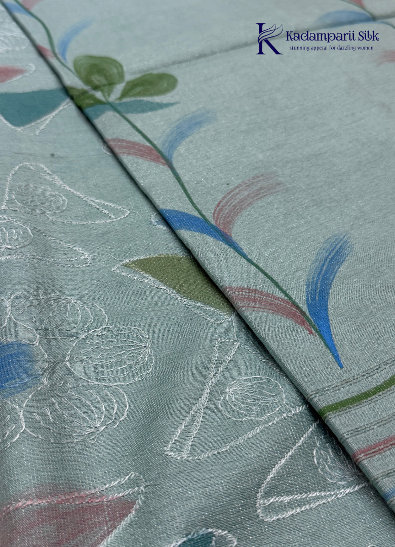 Woodland Whisper Seafoam Sage Green Painted Floral Linen-Silk Saree