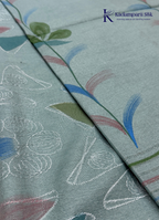 Woodland Whisper Seafoam Sage Green Painted Floral Linen-Silk Saree