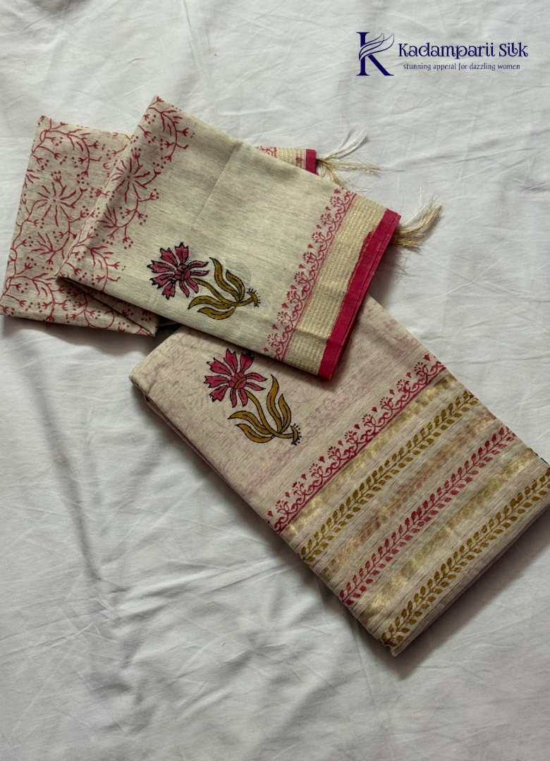 Off-White Floral Hand-Block Print Salwar Set with Woven Zari Dupatta