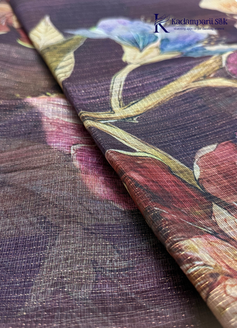 Midnight Bloom Deep Plum & Magenta Hibiscus Digital Floral Silk Saree
