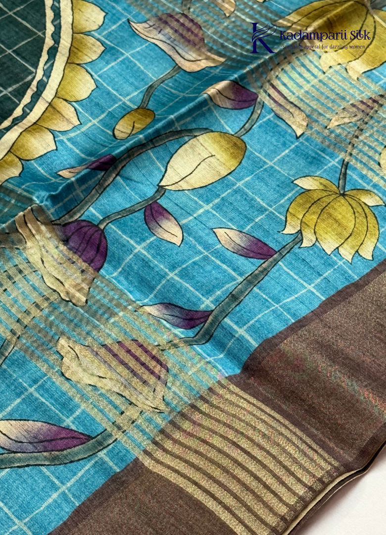 Ocean Blue & Teal Pichwai Cow & Lotus Saree