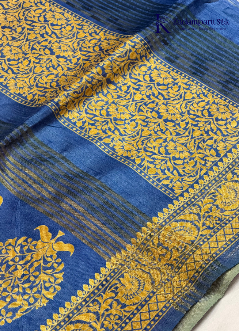 Cream & Royal Blue Geometric Weave Saree