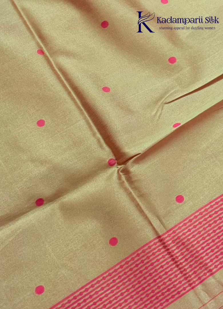 Kadamparii Silk rose pink semi raw silk saree with striped design and contrast border, displayed on a white background.