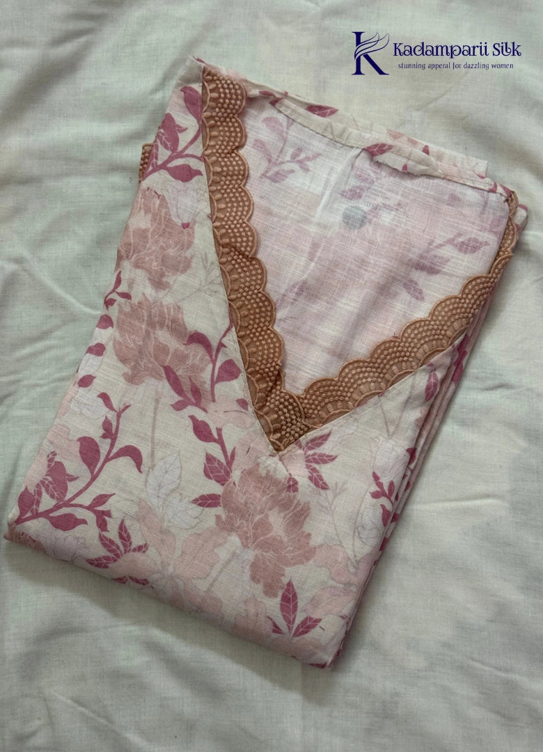 Light Pink Floral Printed Salwar Material with Scallop Lace Neck Design