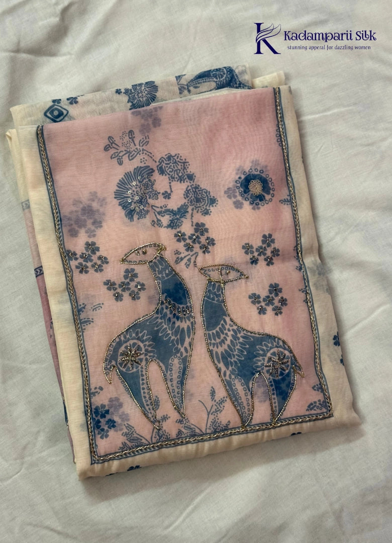 Off White Designer Salwar Material with Embroidered Deer Panel & Stone Work
