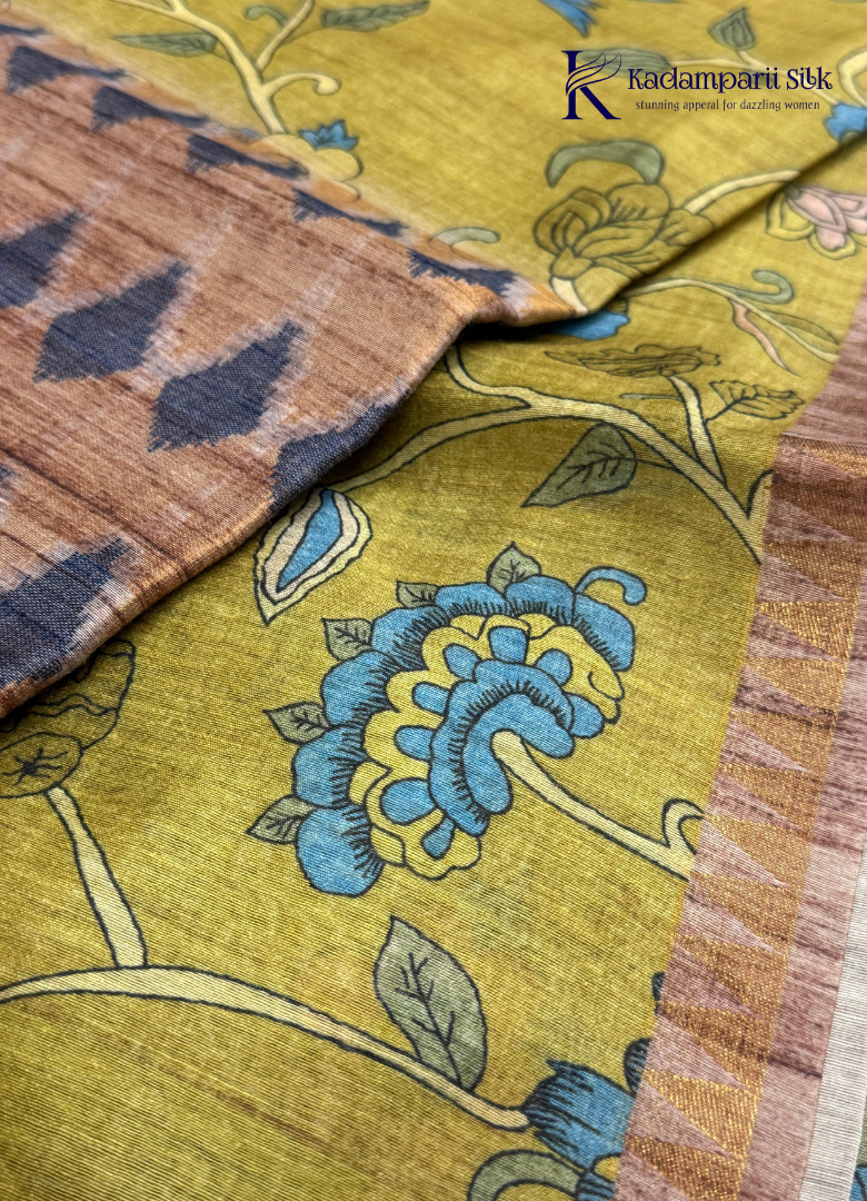 Botanical Heritage Olive Green & Rust Kalamkari Printed Silk Saree