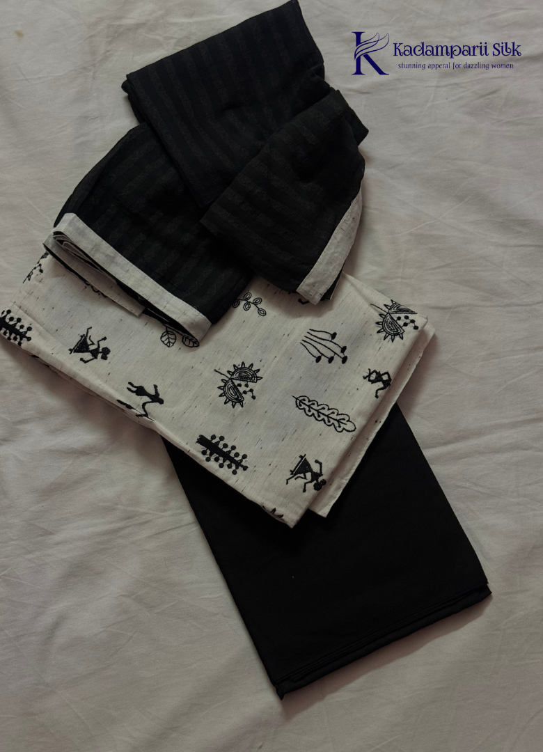 Off-White Warli Tribal Art Salwar Set with Black Striped Dupatta