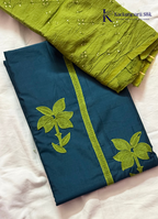 Deep Teal Silk-Cotton Salwar Set with Lime Floral Threadwork