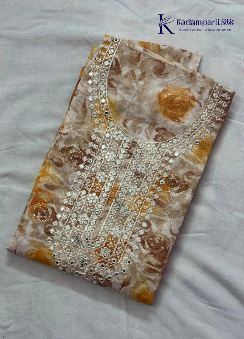 Cream Floral Printed Salwar Material with Heavy Embroidered Neck Work