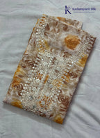 Cream Floral Printed Salwar Material with Heavy Embroidered Neck Work