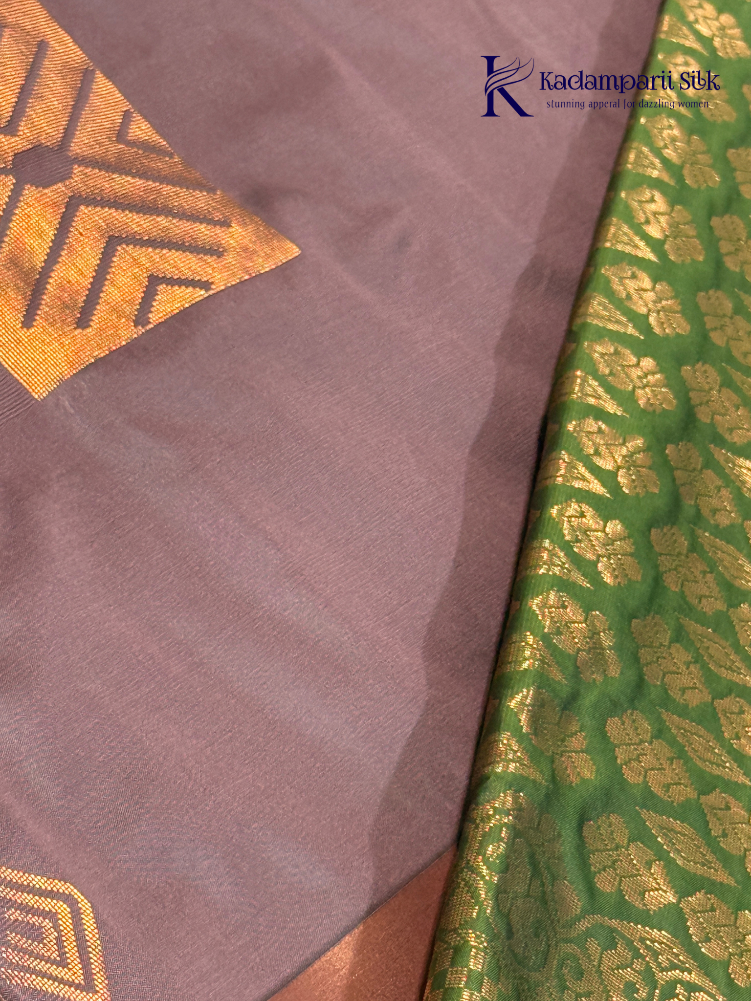 Kadamparii Silk taupe brown semi soft silk saree with olive green zari woven pallu, intricate checkered and floral vine motifs, copper gold zari border, elegant tassels, and traditional festive design.