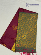 Kadamparii Silk magenta and olive green semi soft silk saree with intricate gold zari weaving, traditional motifs, rich contrast pallu, elegant border, and tassel detailing.
