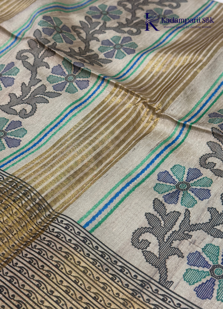 Soft Tussar Silk Saree with Royal Elephant Print Pallu & Floral Woven Body