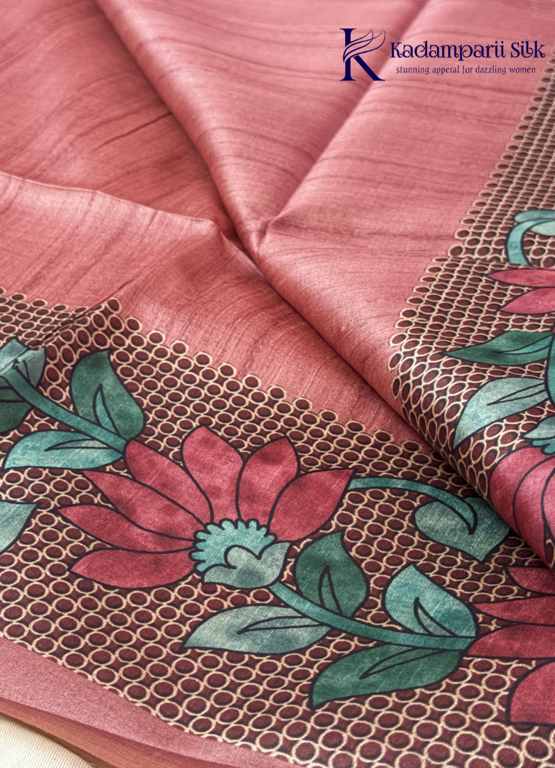 Kadamparii Silk rose pink semi tussar silk saree with floral printed mundhi and elegant border, displayed on a white background.