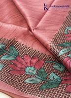 Kadamparii Silk rose pink semi tussar silk saree with floral printed mundhi and elegant border, displayed on a white background.