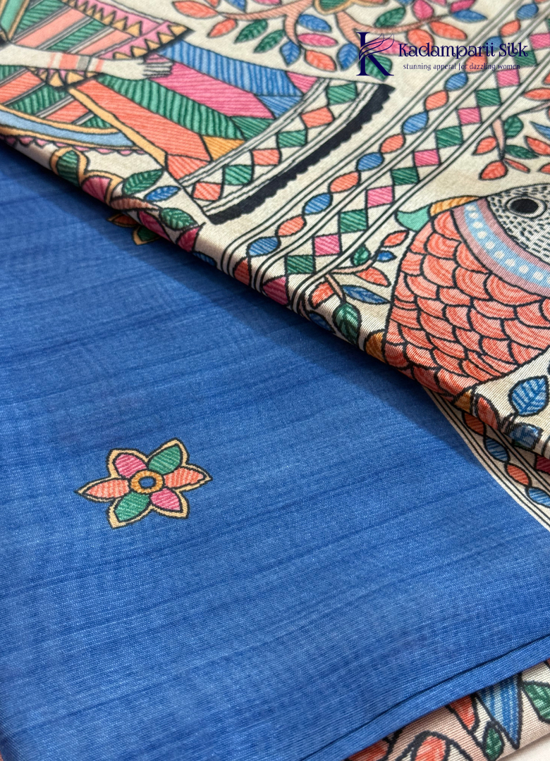 Royal Blue Semi Tussar Silk Saree with Multicolour Kalamkari-Inspired Printed Pallu