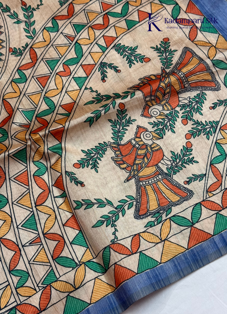 Blue Body with Beige Printed Pallu Semi Tussar Silk Saree