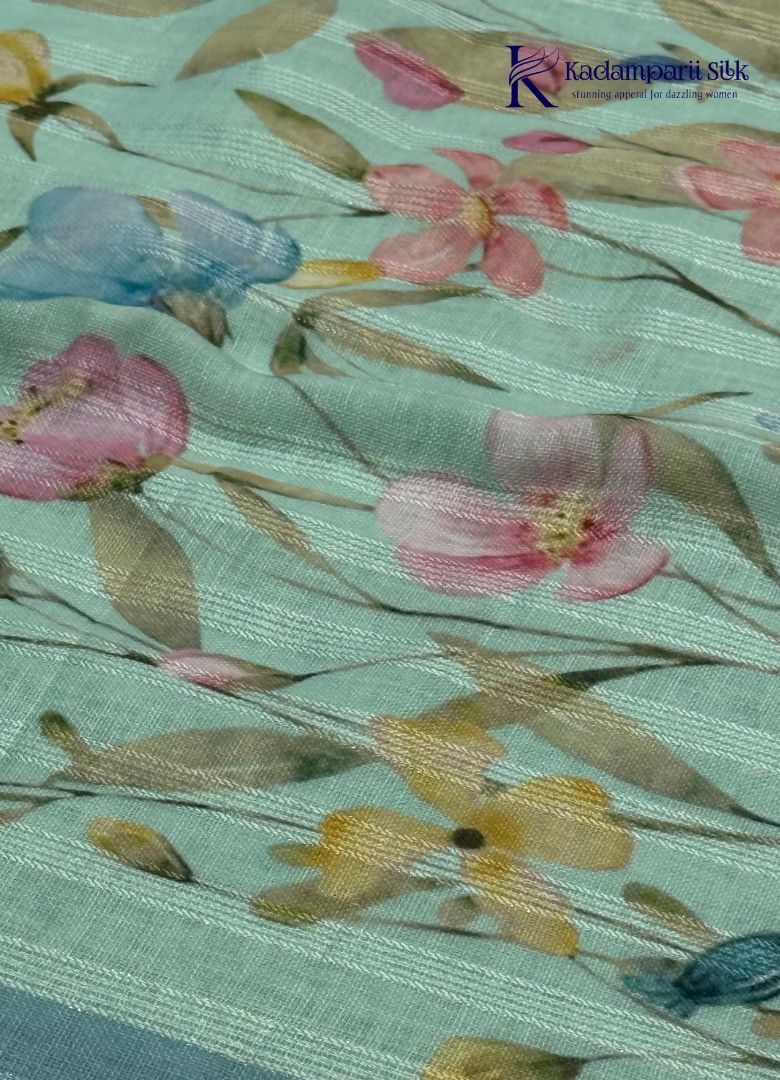 Meadow Breeze Seafoam Green & Butterfly Motif Linen-Silk Saree
