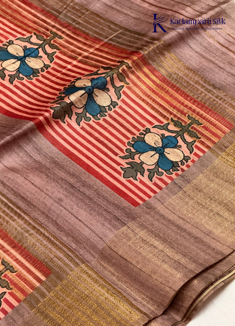 Dusky Pink & Muted Rose Striped Floral Kalamkari Saree