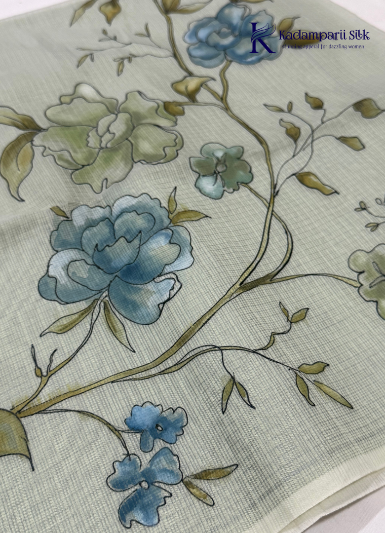Serene Canopy Misty Sage Green Watercolor Floral Silk Saree