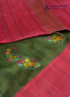 Adorn yourself in this Soft Tussar Silk Saree, featuring a graceful olive green body embellished with delicate floral buttas and finished with a striking rose pink contrast border. Lightweight, elegant, and effortlessly stylish—perfect for every special occasion.