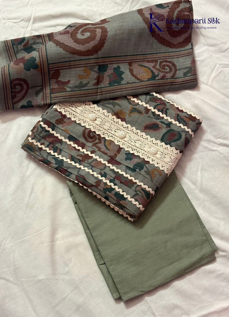 Sage Green Printed Salwar Material with Crochet Lace & Pearl Button Detailing