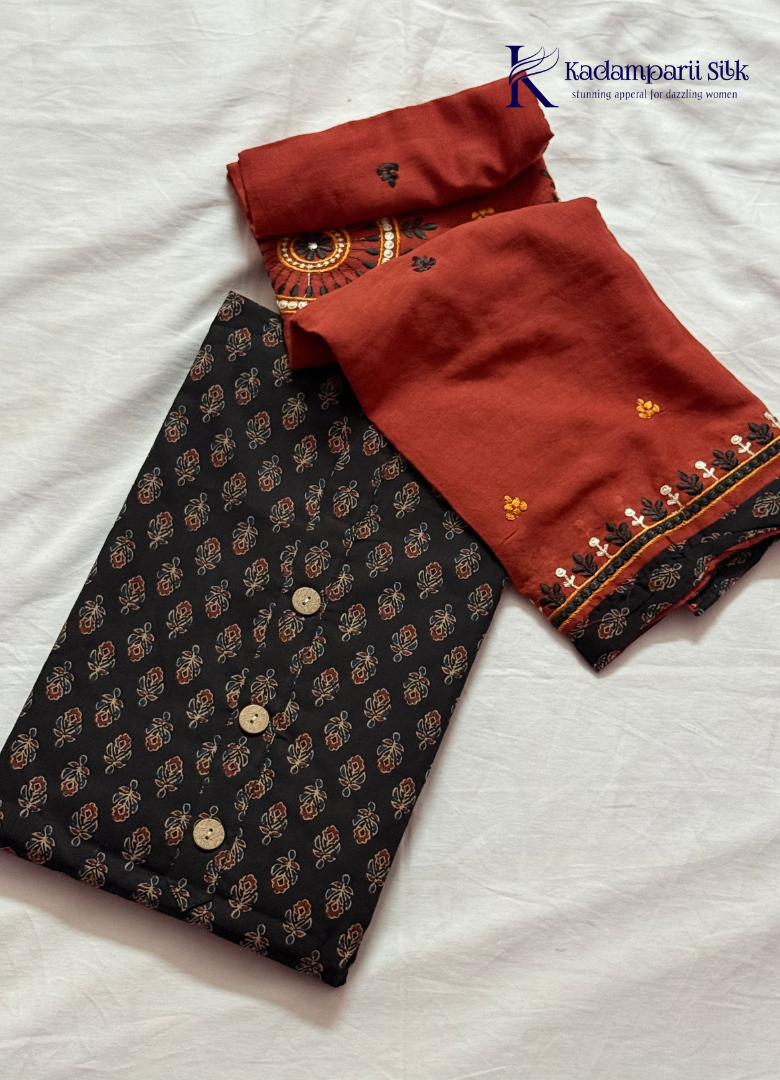 Classic Black Kalamkari Cotton Salwar Set with Rust Orange Embroidered Dupatta