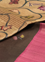 Brown & Pink Soft Tussar Silk Saree with Lotus Butta & Contrast Border