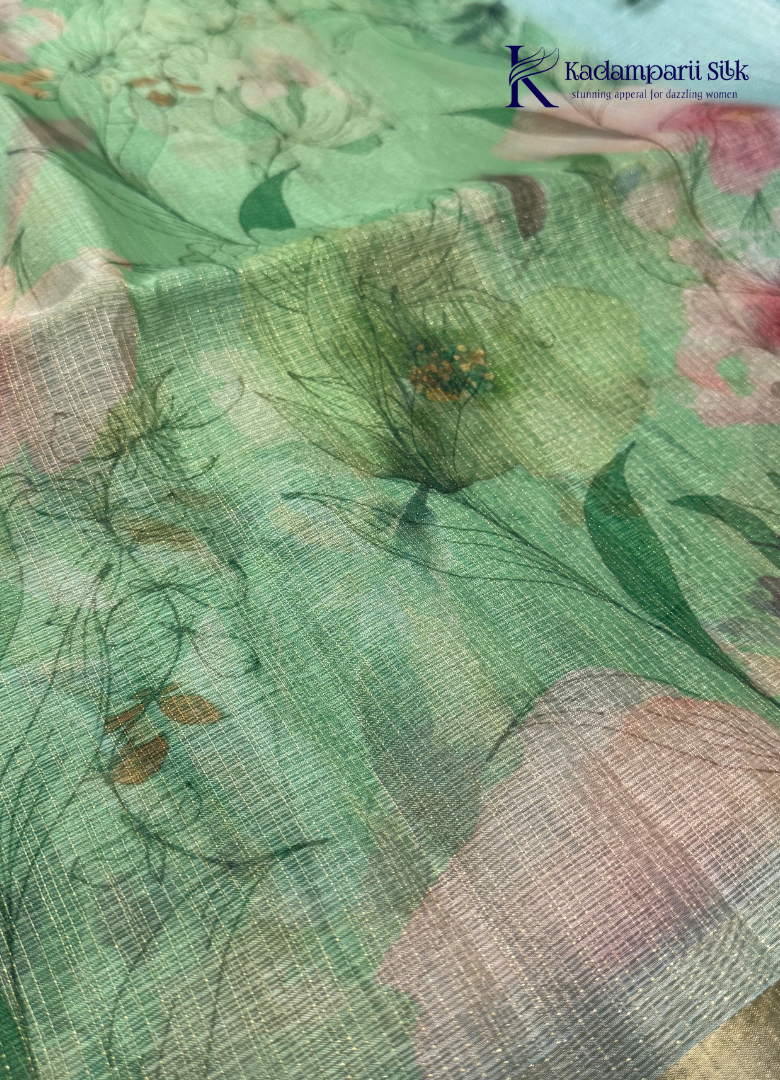 Enchanted Garden Emerald Sage Green Digital Floral Organza Saree