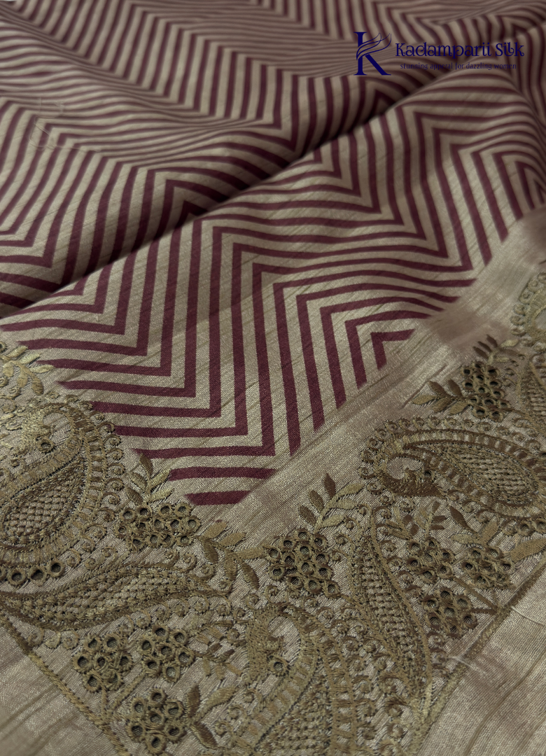 Kadamparii Silk beige tussar silk saree with maroon chevron design and decorative border, displayed on a white background.
