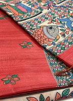 Coral Red Semi Tussar Silk Saree with Kalamkari-Inspired Fish & Floral Printed Pallu