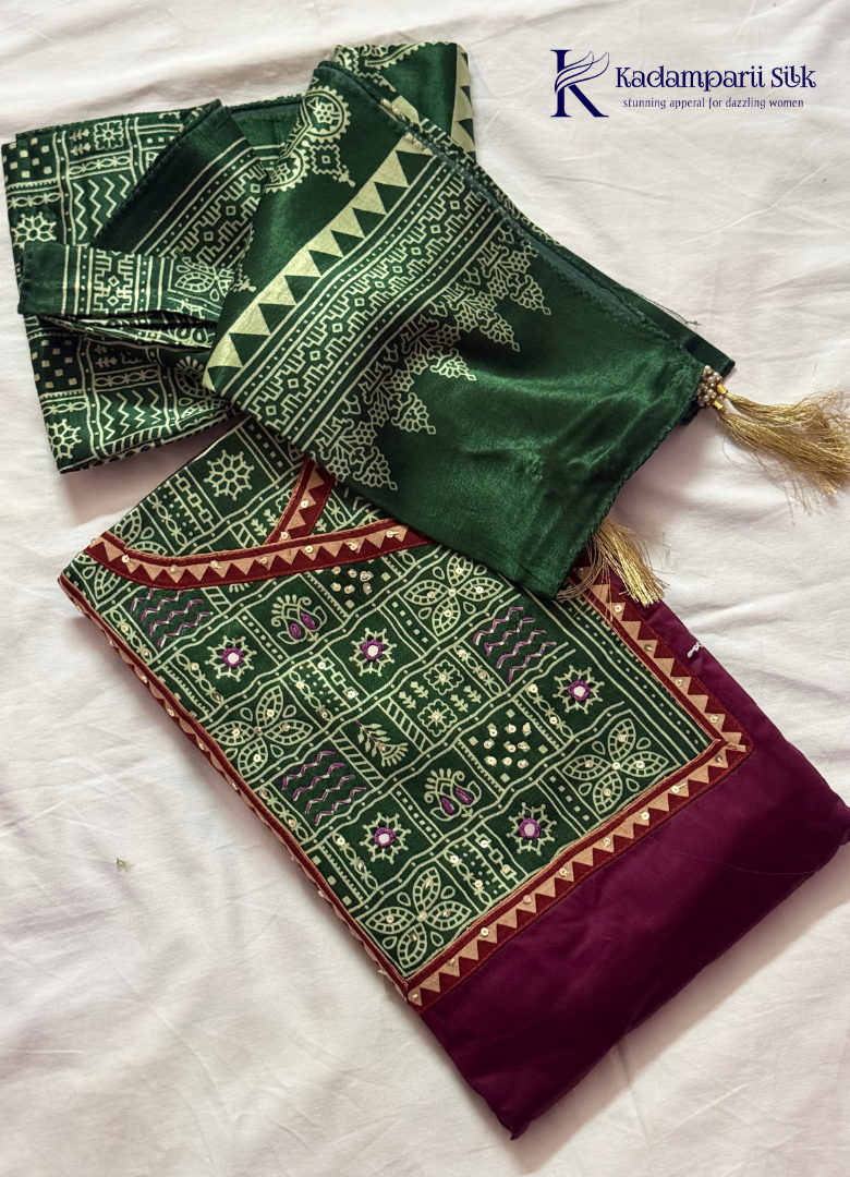Regal Wine & Emerald Green Bandhani Print Salwar Set with Mirror Work