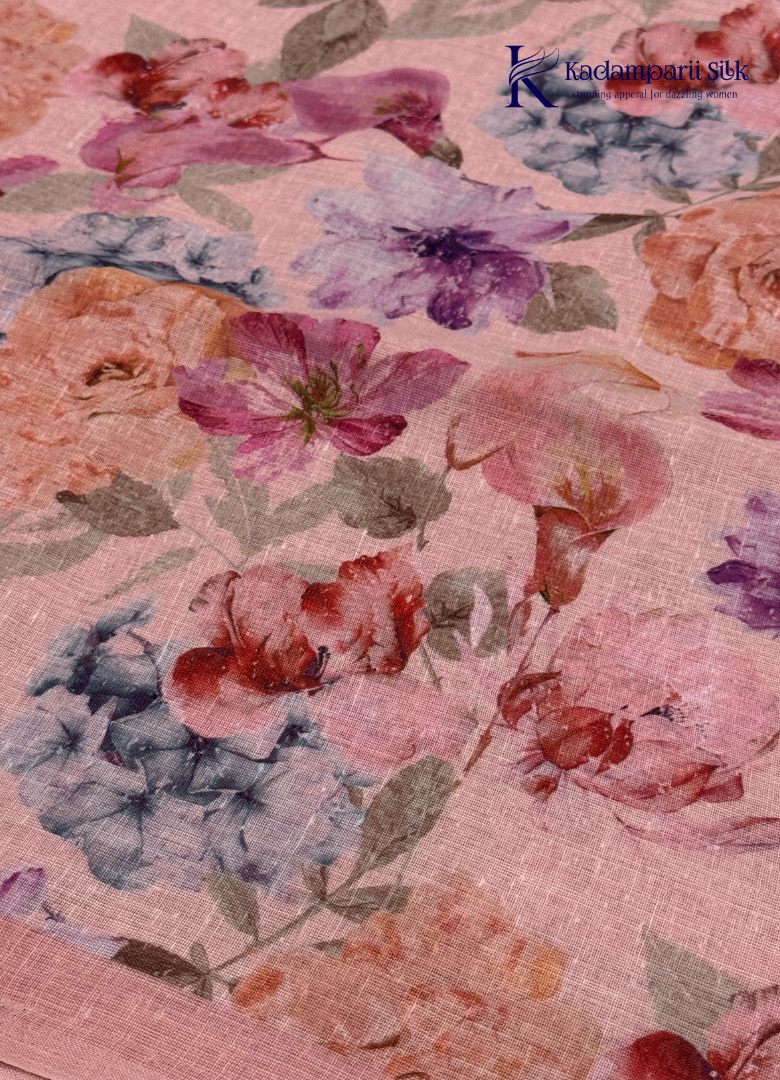 Vintage Romance Blush Pink & Lavender Floral Linen-Silk Saree