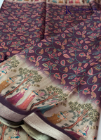 Kadamparii Silk wine soft tussar silk saree with floral design and traditional printed border, displayed on a white background.