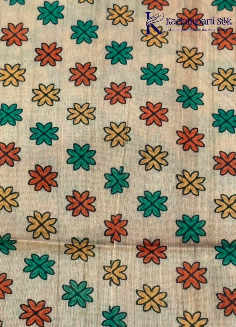 Kadamparii Silk lavender semi tussar silk saree with artistic printed mundhi, floral leaf motifs, and multicolour border, displayed on a white background.