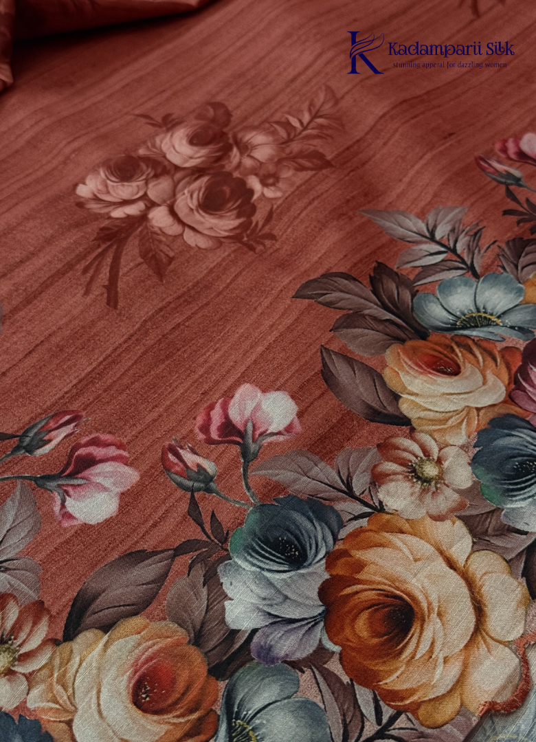 Kadamparii Silk rust orange tussar saree with digital body and multicolour floral border, displayed on a white background.