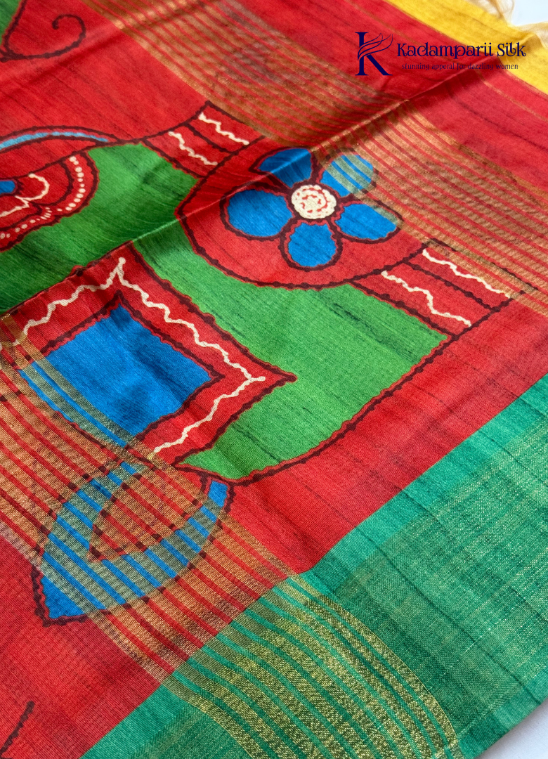Mustard & Crimson Red Madhubani Lotus Saree
